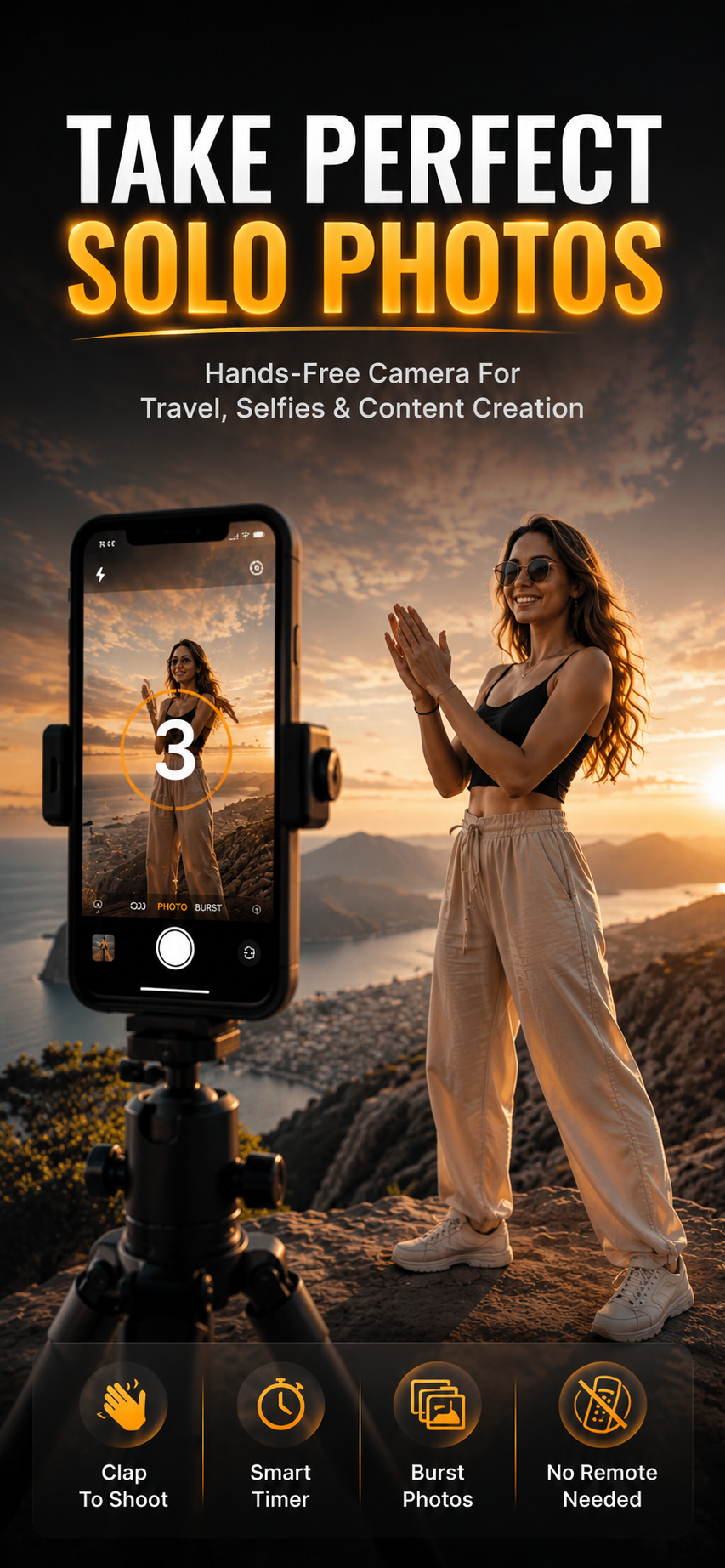 ClapCamera solo travel photo app - clap camera on tripod at mountain summit