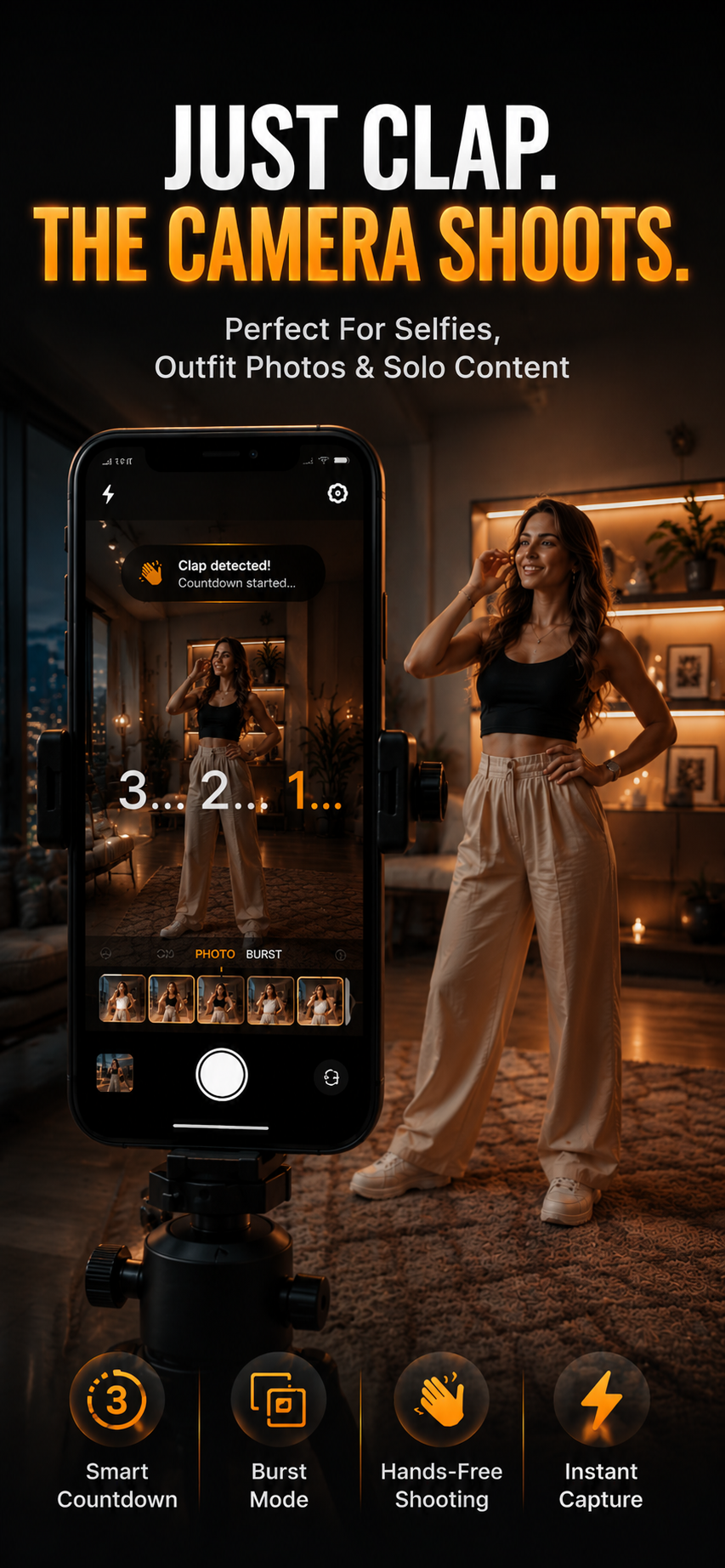 ClapCamera hands-free camera app - clap to take indoor selfie photo on iPhone