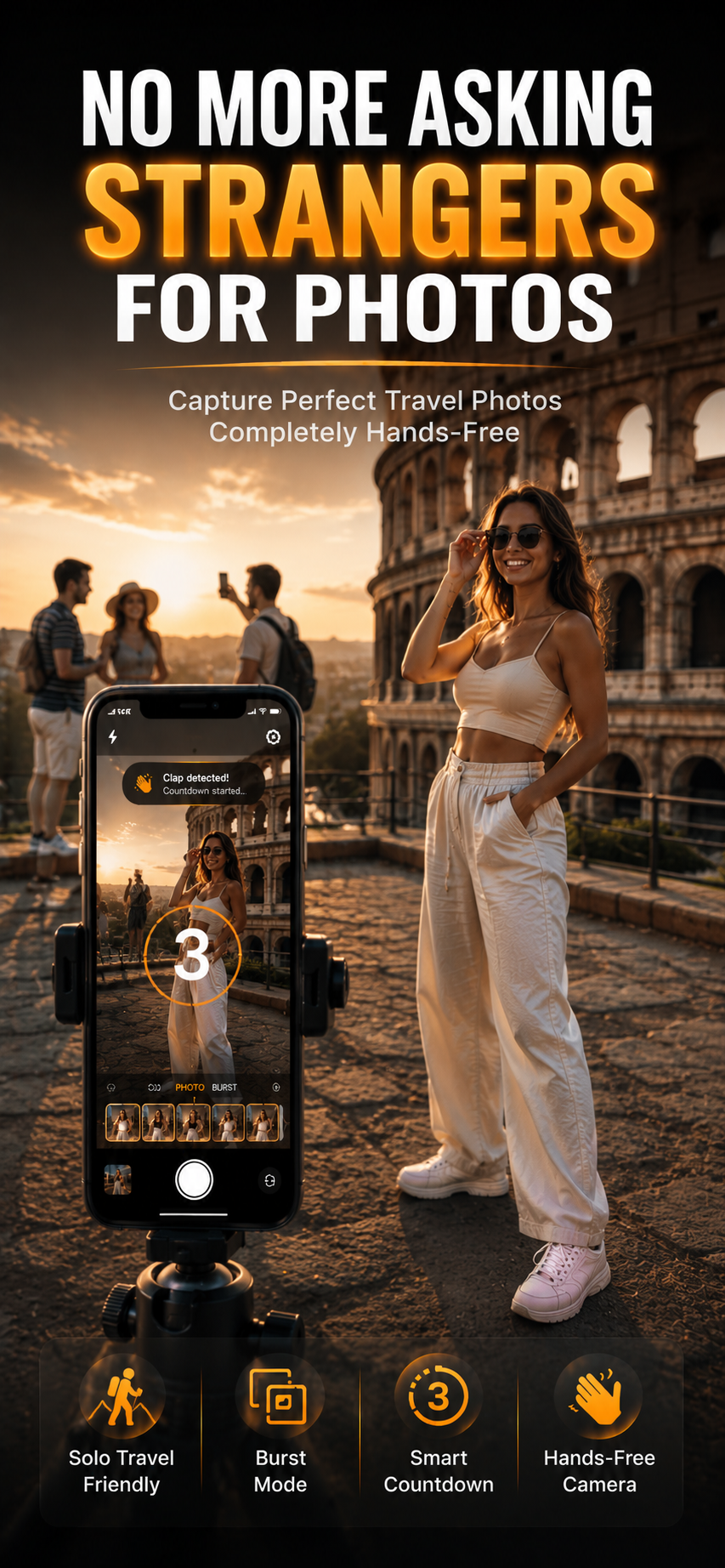 ClapCamera travel photography app - take solo photos without asking strangers